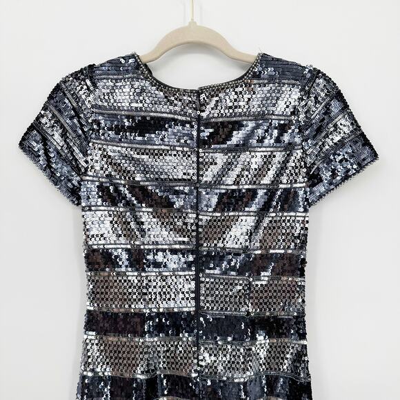 Aidan Mattox Striped Sequin Glitter Mini Cocktail Dress Blue Silver 2 - Picture 11 of 11